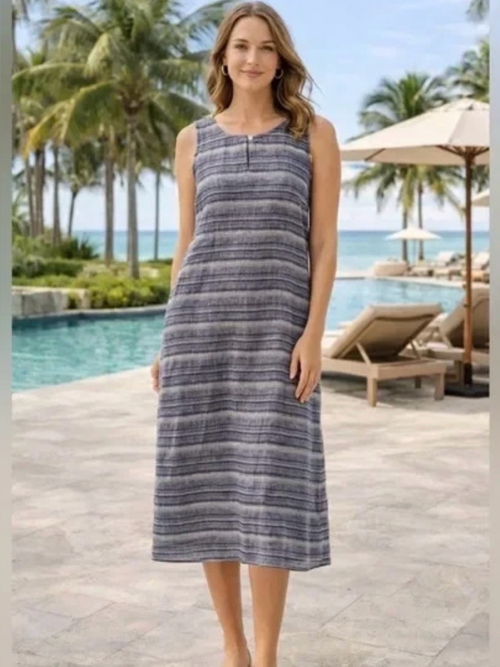 J. Jill Pure Jill 100% Linen Striped Sleeveless Midi Dress in Blue Large Petite